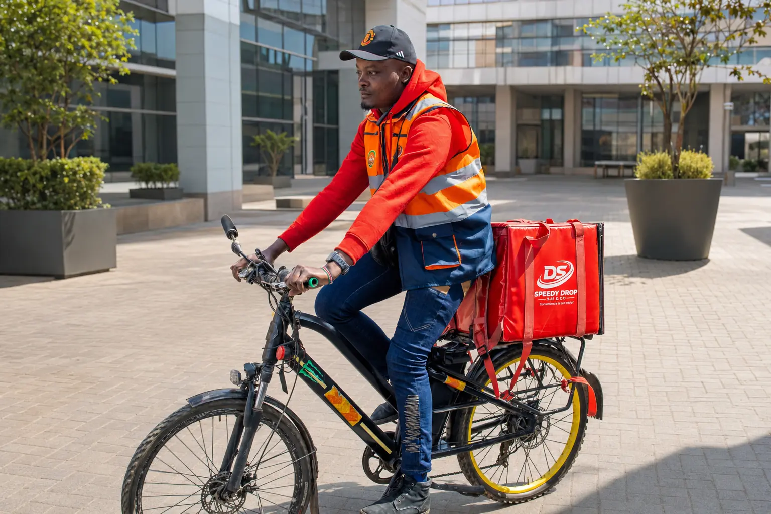 SpeedyDrop rider moving through a Nairobi business complex