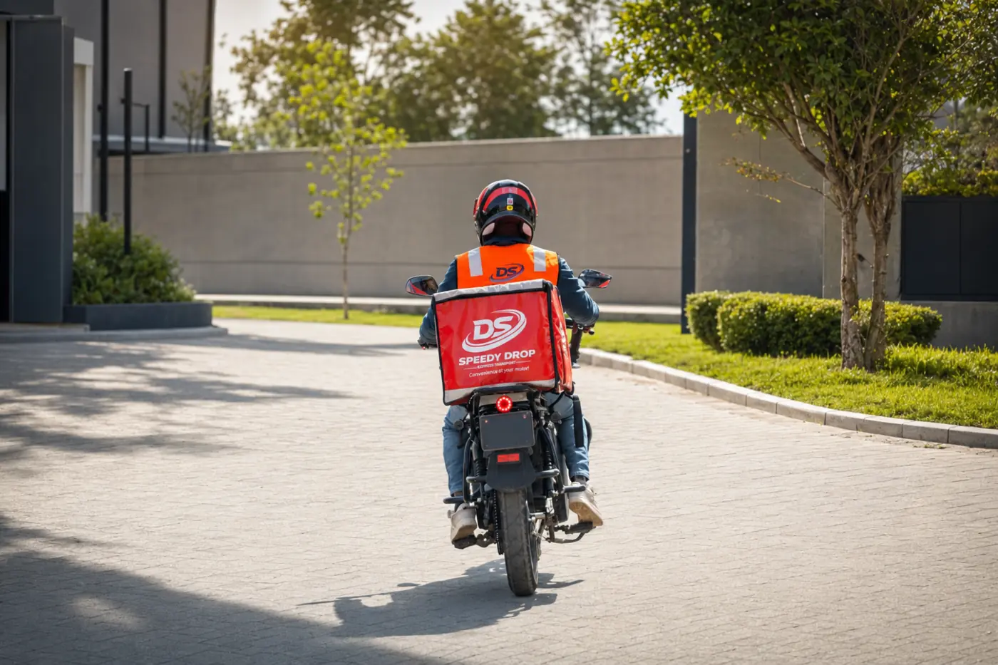SpeedyDrop motorcycle rider continuing along a delivery route